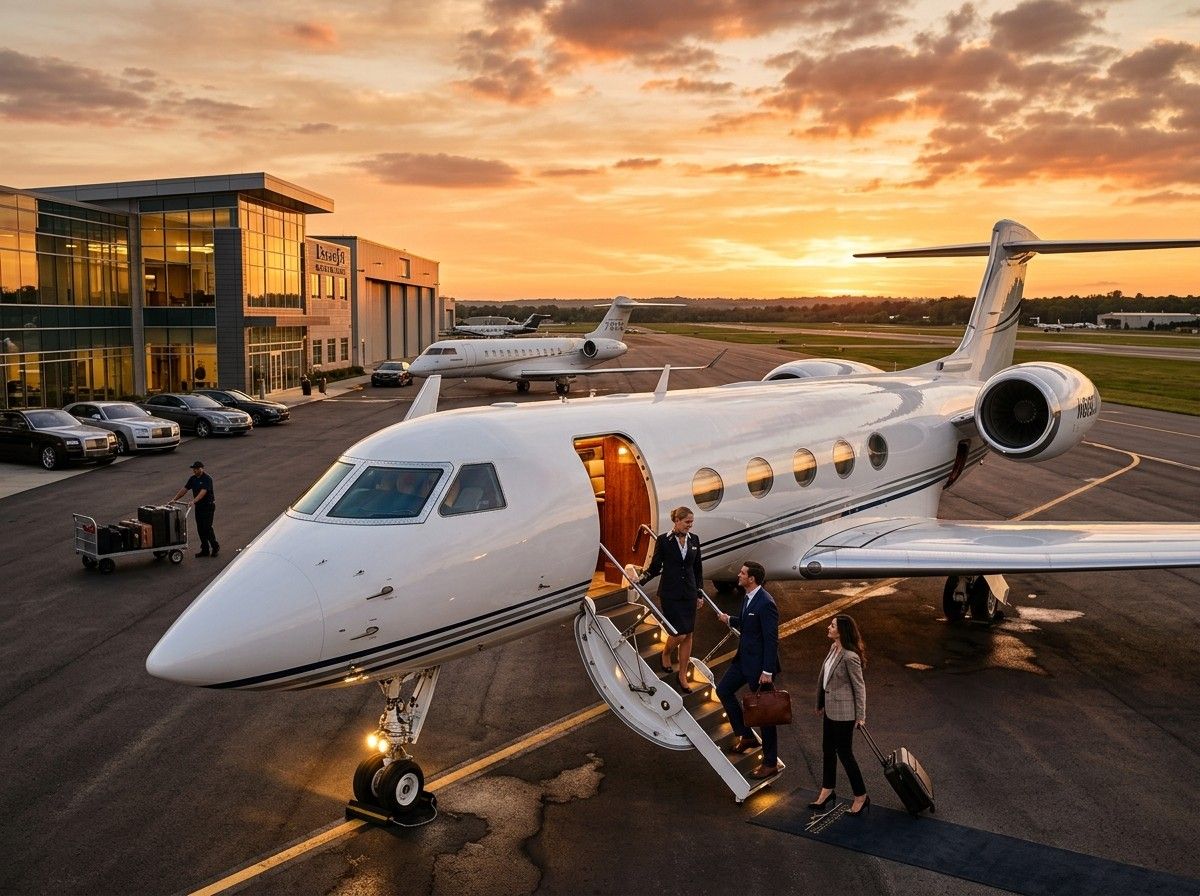Jet ejecutivo corporativo en pista privada al atardecer